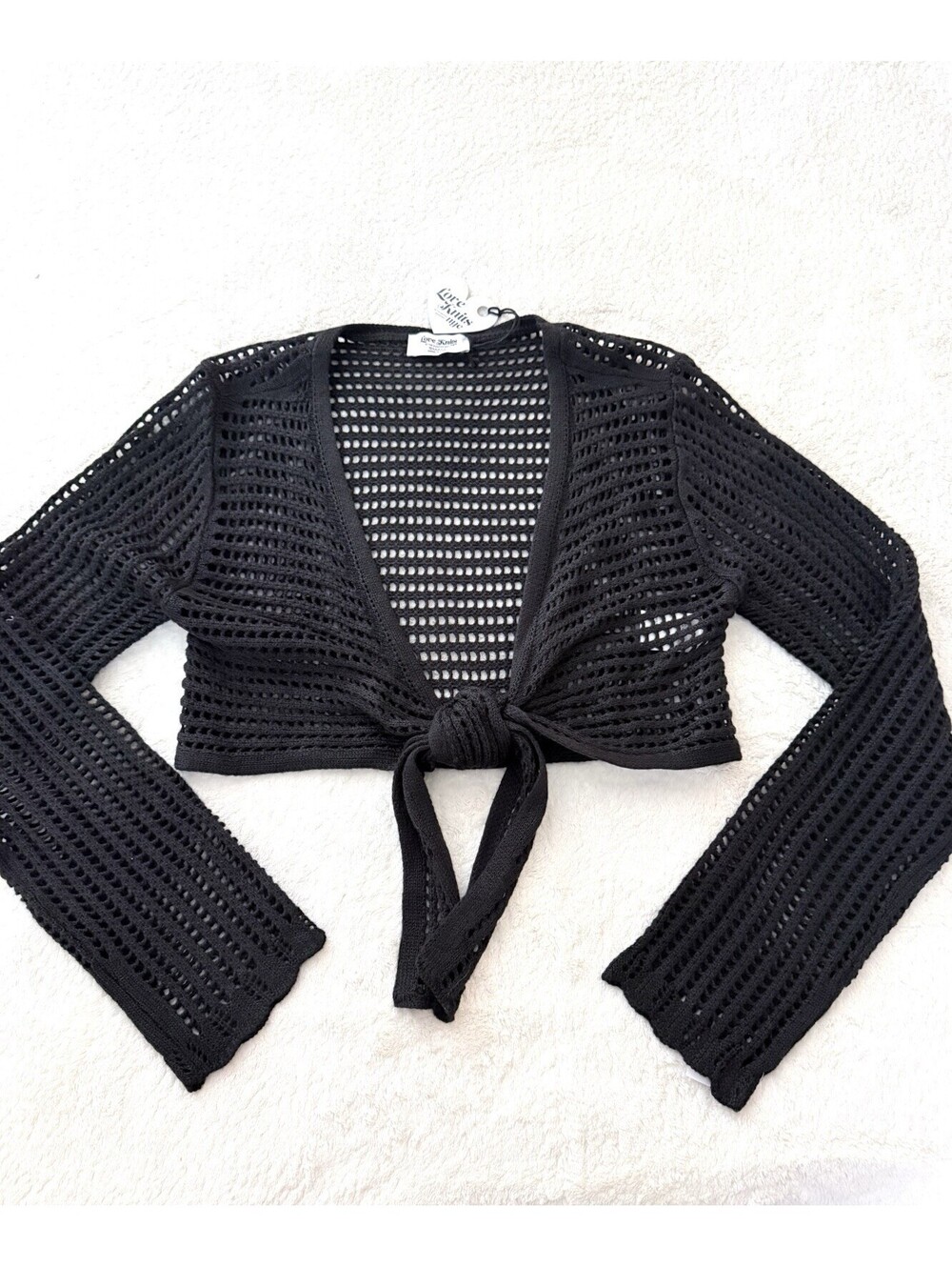 Love Knits NYC Women’s Black Crochet Tie Front Bolero Shrug Cardigan S NWT